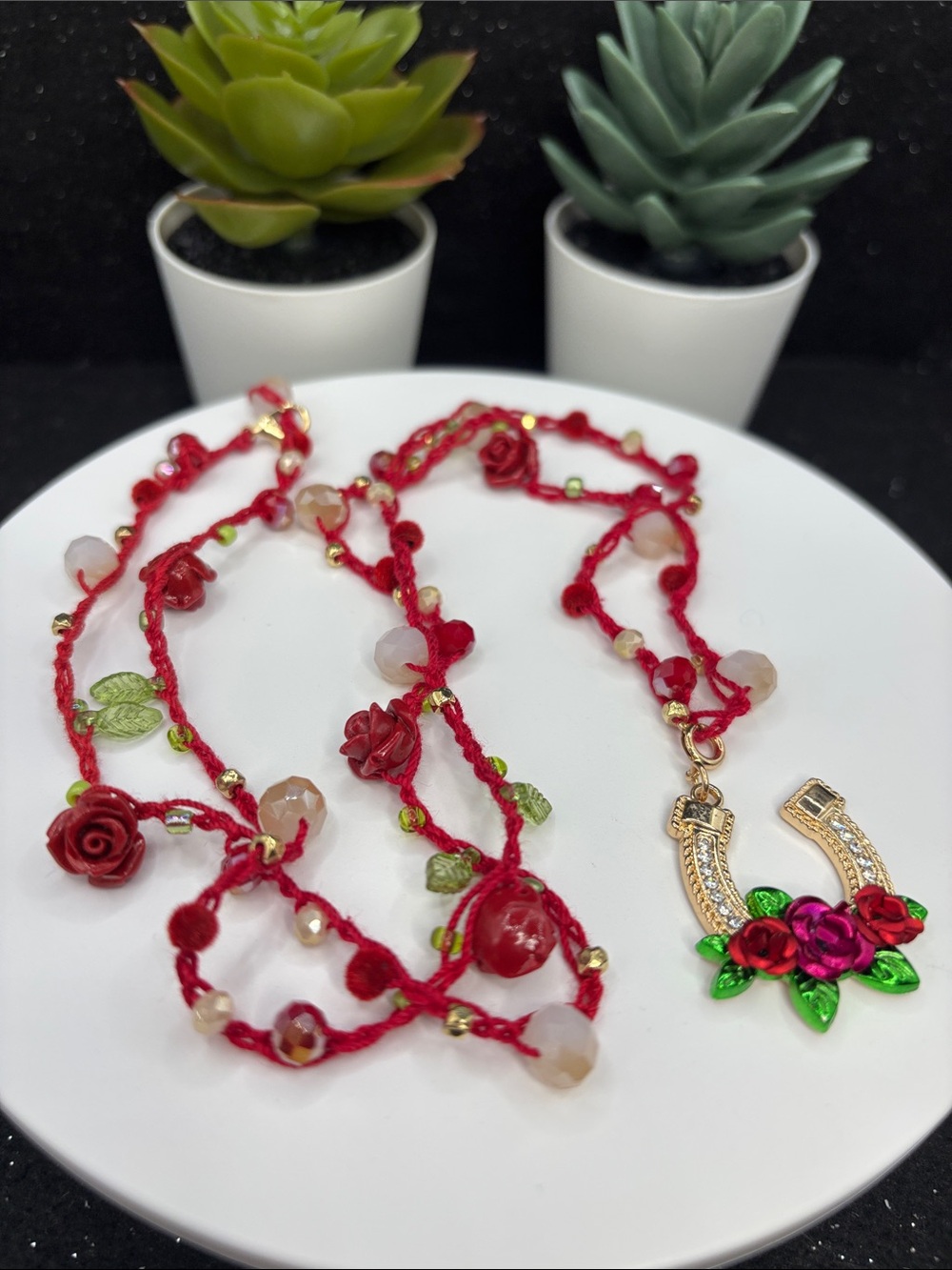 Handcrafted Red Rose Horseshoe Pendant Necklace - Picture 5 of 6